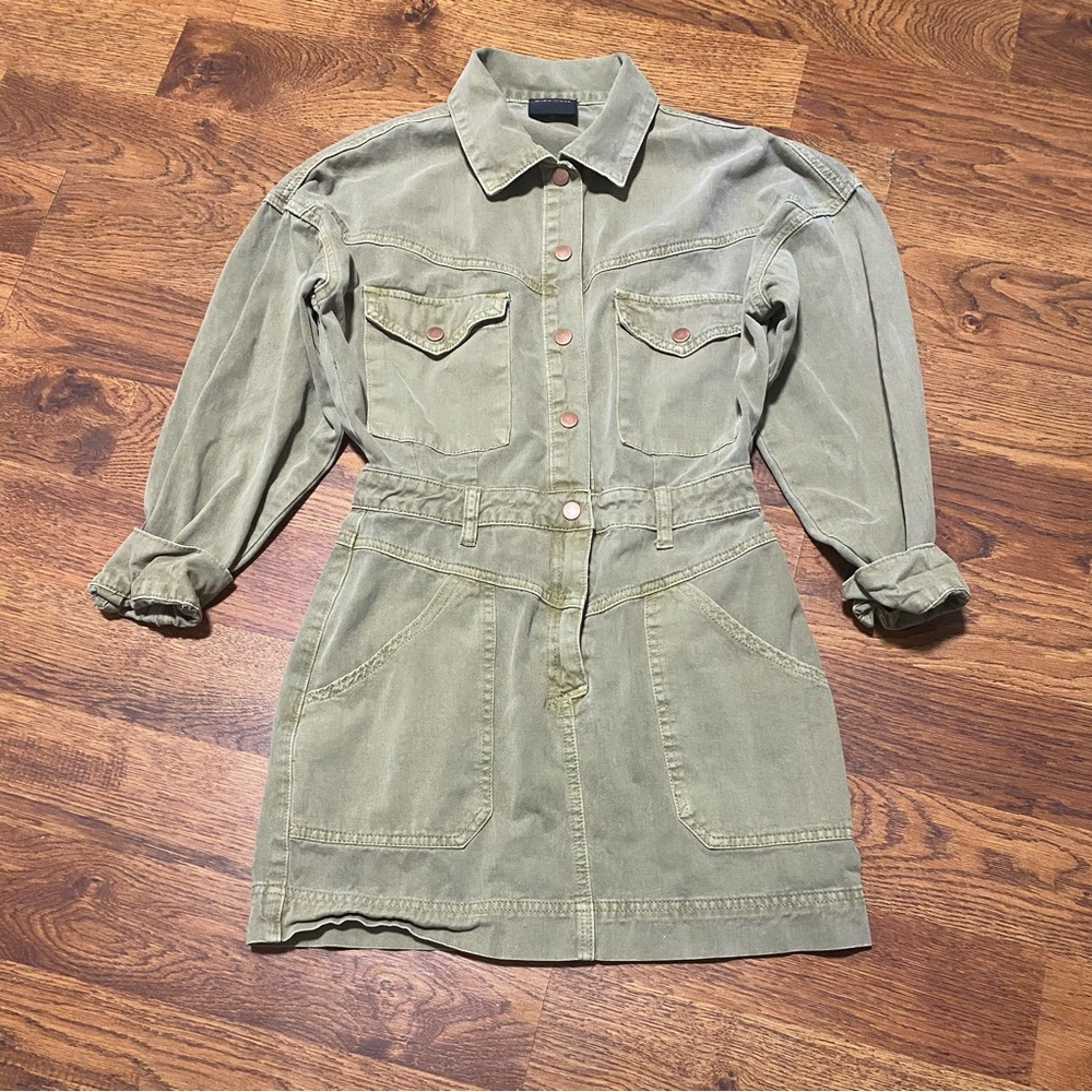 Miou Muse Army Green Utility Mini Dress Sz S Long Sleeve Military Y2K Cargo Punk